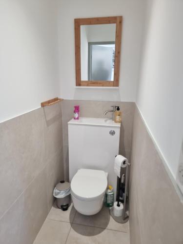 a bathroom with a white toilet and a mirror at Maison familiale avec jardin in Neufchâtel-Hardelot