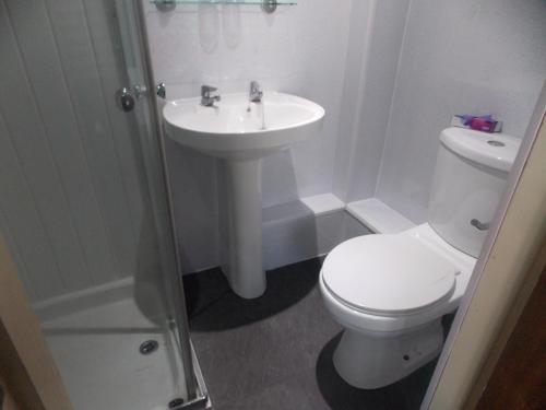 a white bathroom with a toilet and a sink at The Celtic Pride Hotel in Blackpool