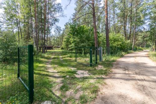 a dirt road with a gate in a forest at Jaunjespari 1 in Batciems