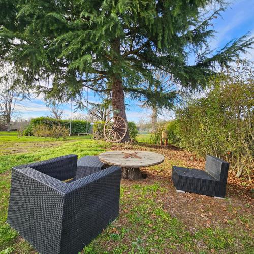 two chairs and a table in front of a tree at Les Cocons d AleXan Le studio balnéo aromathérapie in Quinssaines