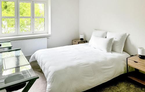a white bedroom with a white bed and two windows at 5 Bedroom Beautiful Home In Fauverney in Fauverney