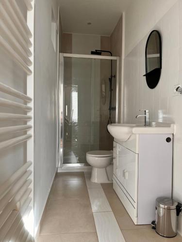 a white bathroom with a shower and a toilet at Appartement calme , 400m de la gare in Saint-Brieuc