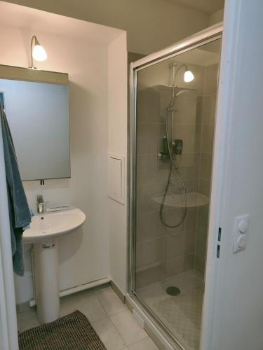 une salle de bain avec douche et lavabo dans l'établissement Appartement neuf lumineux 3 chambres proche Jeux Olympiques Aubervilliers Paris, à Aubervilliers