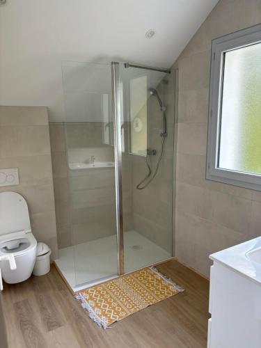 une salle de bain avec douche et toilettes dans l'établissement Magnifique T2 neuf au centre de Cambo les bains, à Cambo-les-Bains