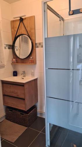 une salle de bain avec un lavabo et un miroir dans l'établissement Villa rénovée 350 m de la mer, à Hauteville-sur-Mer
