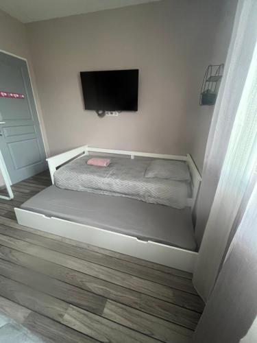 a bed in a room with a flat screen tv at Chambres d'Hôtes chez Estelle in Crêches-sur-Saône