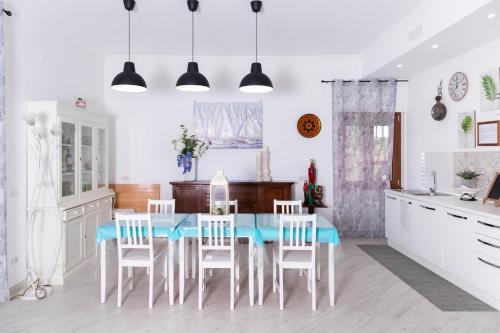 una cucina con tavolo blu e sedie bianche di Villa Ninfa Alburnea ad Anzio