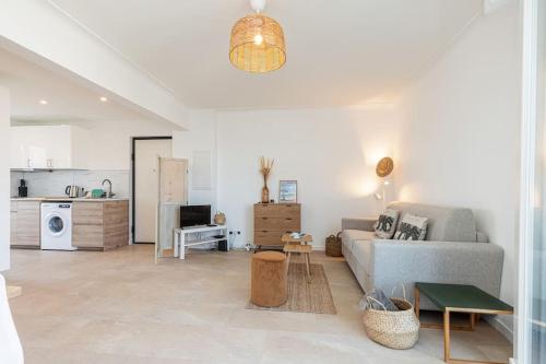 un salon avec un canapé et une cuisine dans l'établissement Très bel appartement tout confort à Juan les Pins, à Antibes