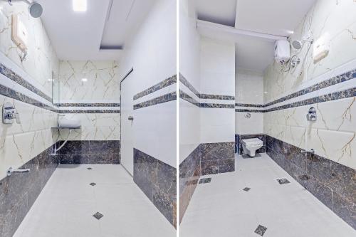 two views of a bathroom with white and brown tiles at Hotel New Shiv INN in Vadodara