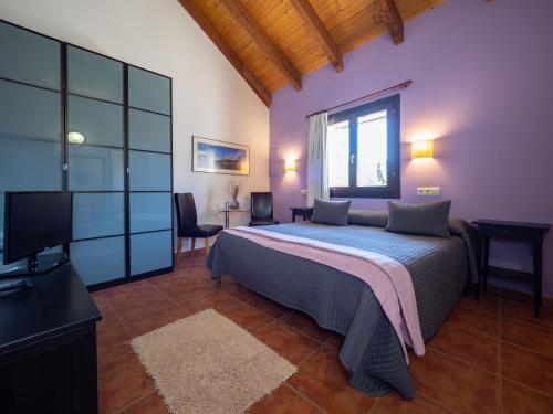 sypialnia z dużym łóżkiem i telewizorem w obiekcie Casa Cambra w mieście Aínsa