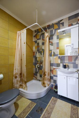 a bathroom with a shower and a toilet and a sink at Harmonija in Palić