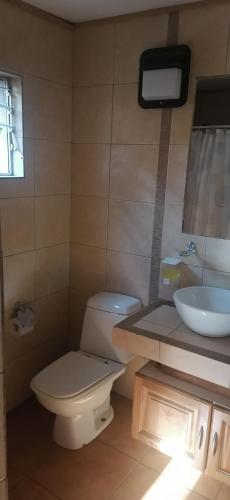 a bathroom with a toilet and a sink at Cabañas Hosteria de Vilches in Vilches