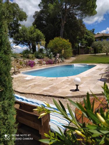 a swimming pool in a yard with a stone walkway around it at La maison de Nazig in Pertuis
