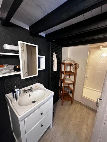 une salle de bain avec un lavabo blanc et un miroir dans l'établissement Petit loft SAINT-MALO intra-muros, à Saint-Malo