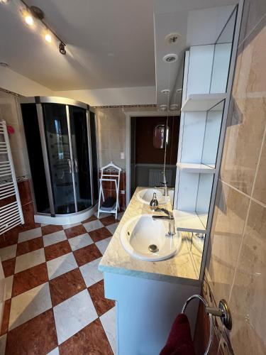 une salle de bain avec un lavabo et un miroir dans l'établissement Welcome Chez MARIE, à Aire-sur-la-Lys