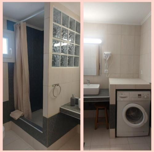 two pictures of a bathroom with a washing machine at Kaliopi HAUS in Nea Moudania