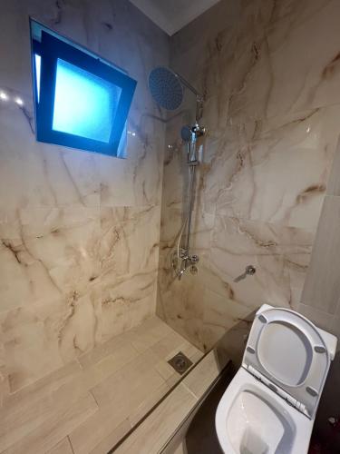 a bathroom with a shower and a toilet and a television at Guesthouse Liamra in Ulcinj