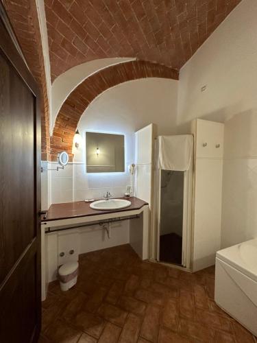 La salle de bains est pourvue d'un lavabo, d'un miroir et d'une douche. dans l'établissement Villa Dunya, à Montepulciano Stazione