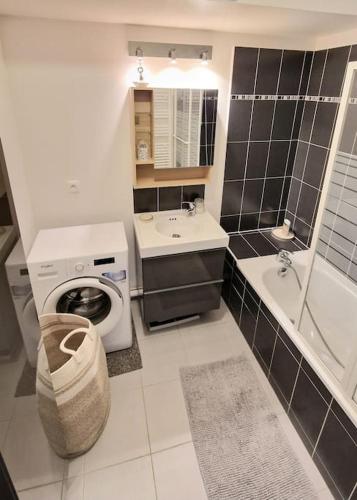 une salle de bain avec un lavabo et une machine à laver dans l'établissement Appartement Moderne et Spacieux, à Créteil