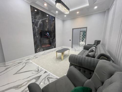 アティラウにあるШикарная ЖК New Cityのソファと暖炉のあるリビングルーム