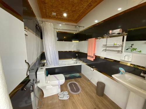 a bathroom with a white toilet and a sink at Movie land group of house boats in Srinagar