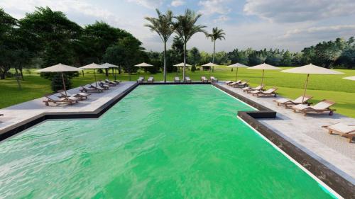 a swimming pool with lounge chairs and umbrellas at Lula Apartments in Ulcinj