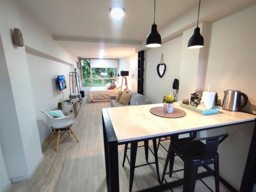 圣卡洛斯-德巴里洛切STUDIO EN EL CENTRO, 3 cuadras del centro cívico的配有桌椅的厨房和客厅