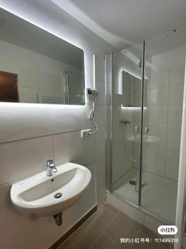 ein Badezimmer mit Waschbecken und Glasdusche in der Unterkunft 4Betten mit KücheWaschmaschine in Duisburg