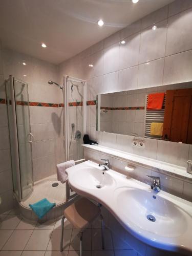 a bathroom with a sink and a shower at Landhaus Thaler in Mittelberg