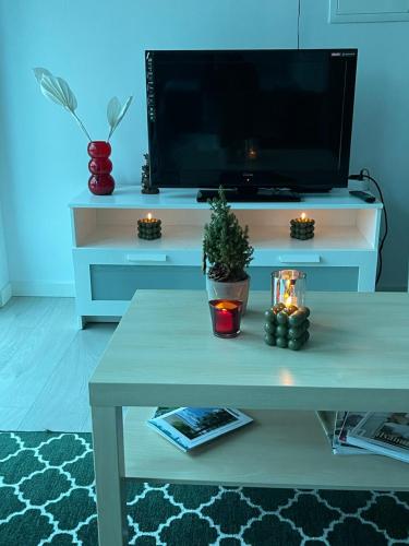 uma sala de estar com uma mesa de centro e uma televisão em Minihus i Enskede-Årsta-Vantörs em Estocolmo