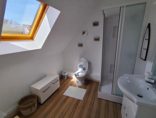 une salle de bain avec toilettes, lavabo et fenêtre dans l'établissement La Muche Valéricaine, coeur de ville, jardin, à Saint-Valery-sur-Somme