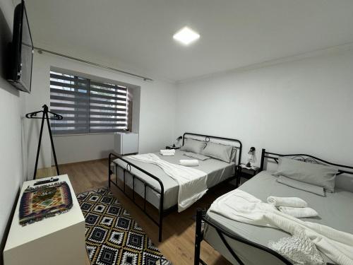 a bedroom with two beds and a television in it at Double17 Apartaments in Gjirokastër