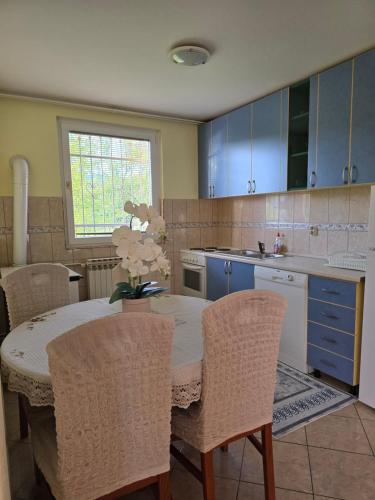 a kitchen with a table with chairs and blue cabinets at Villa Amir in Sarajevo