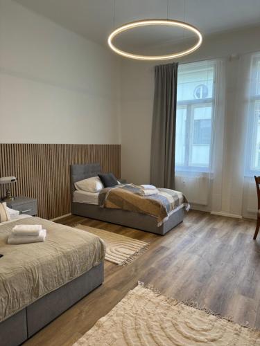 a bedroom with two beds and a large chandelier at Apartmánový Dům Centrum in Brno