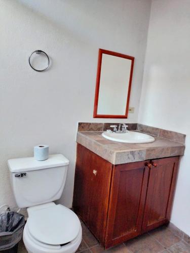 a bathroom with a toilet and a sink with a mirror at Hostal las Quintas in San José del Cabo