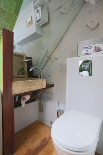 une salle de bain avec des toilettes blanches et un lavabo dans l'établissement Cosy flat Saint-Michel - Seine, à Paris