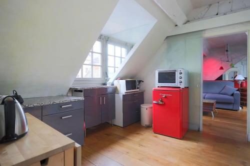 Il comprend une cuisine équipée d'un réfrigérateur rouge et d'un four micro-ondes. dans l'établissement Cosy flat Saint-Michel - Seine, à Paris