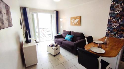 un salon avec un canapé et une table dans l'établissement Cannes 20' à pieds Palais wifi, à Cannes