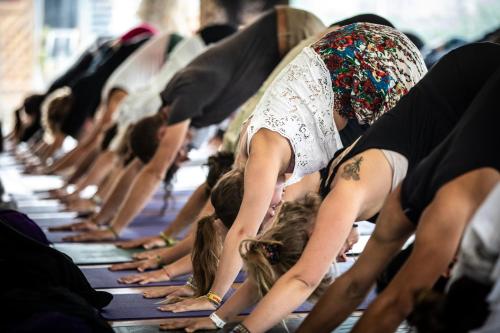 eine Gruppe von Menschen, die Yoga in einer Menschenmenge machen in der Unterkunft Hindu Monastery - Shree Peetha Nilaya Ashram in Springen