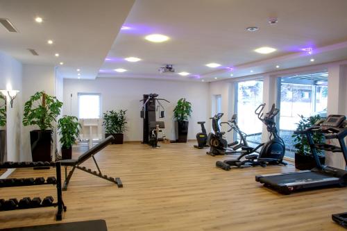 a gym with treadmills and exercise bikes in a room at Hotel Bergkristall in Silbertal