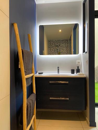 une salle de bain avec un lavabo et un miroir dans l'établissement La Sellerie - Loft de luxe au cœur d'Angers, à Angers
