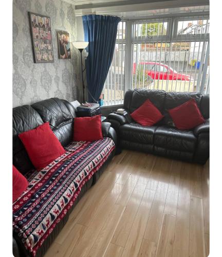 a living room with a black leather couch with red pillows at Mournview in Belfast