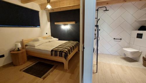 a bedroom with a bed and a bathroom with a shower at Siedlisko DoReMiDo-mki "bez barier" SPA in Dzianisz