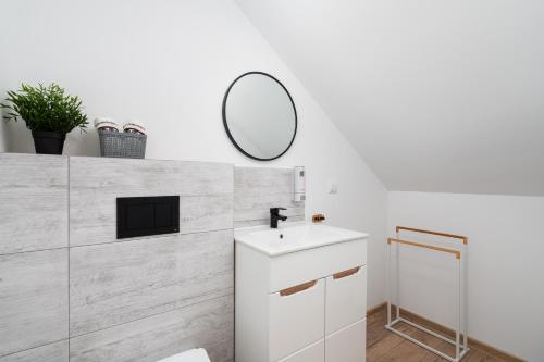 a bathroom with a sink and a mirror at Apartamenty Pod Cisem Lux in Kudowa-Zdrój