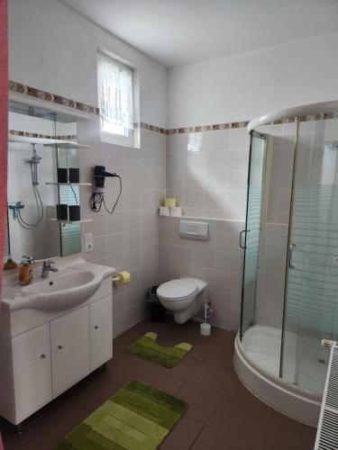 a bathroom with a sink toilet and a shower at Sarah,s Appartements in Nikla