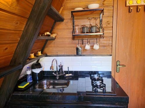 a small kitchen with a sink and a stove at Recanto Curiaçu in Cunha