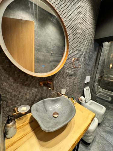 a bathroom with a sink and a mirror and a toilet at Voyage Apartment in Himare