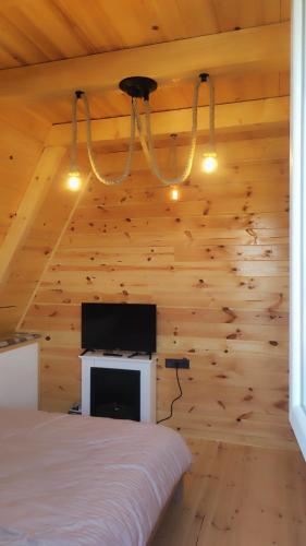 ジャブリャクにあるMountain House Unaの木製の壁のベッドルーム(ベッド1台、テレビ付)