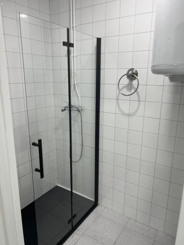 a bathroom with a shower with a glass door at O Albergue de Fene in Fene