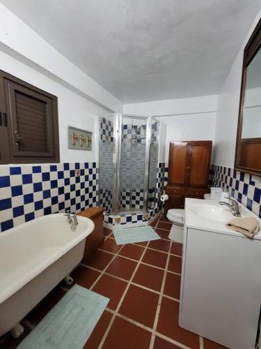 a bathroom with a toilet and a tub and a sink at Penthouse with Private Rooftop! in San Juan